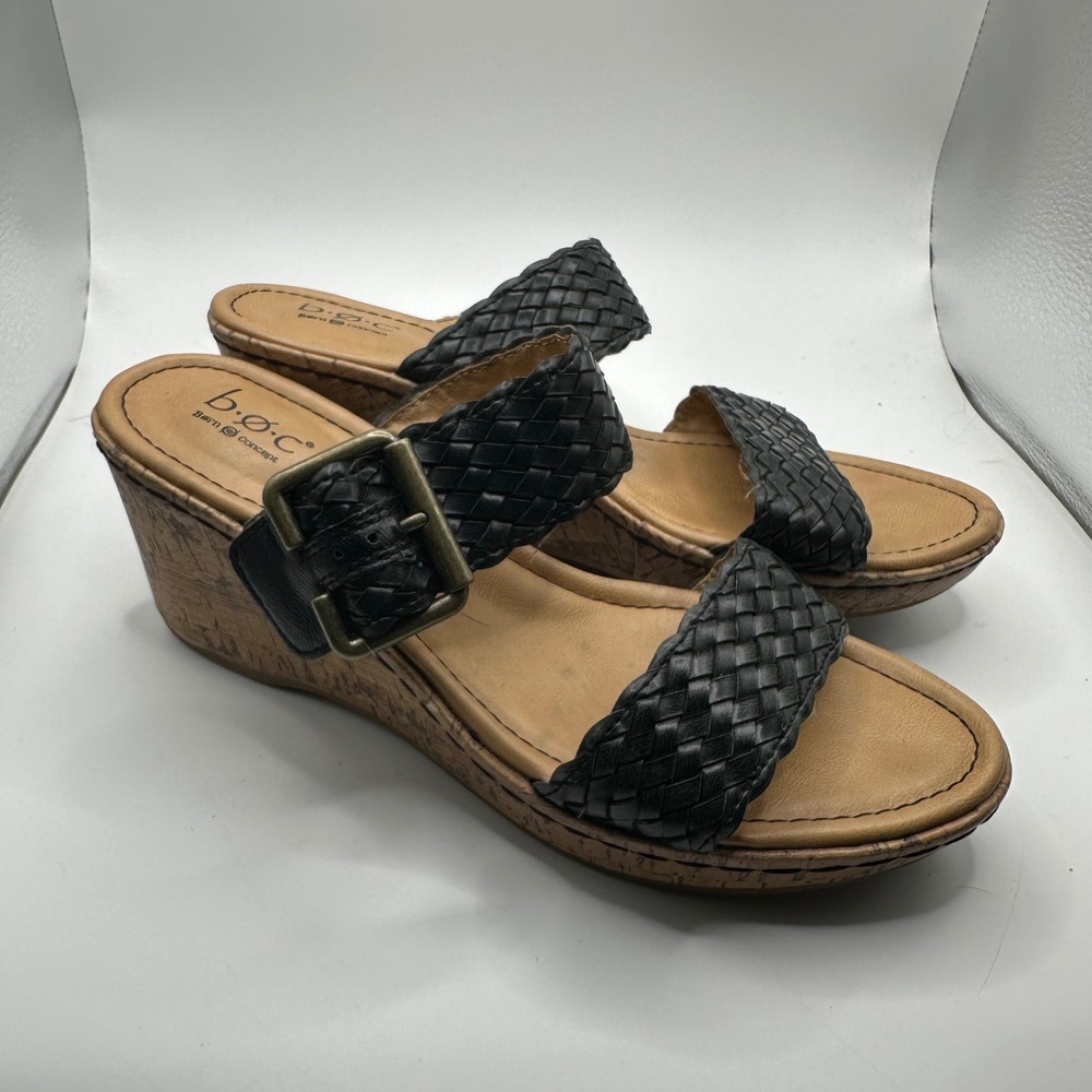 B.O.C. Born Concept Black Woven Cork Wedge Sandals wedding Womens 9M
